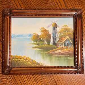 Landscape Windmill Painting, Framed